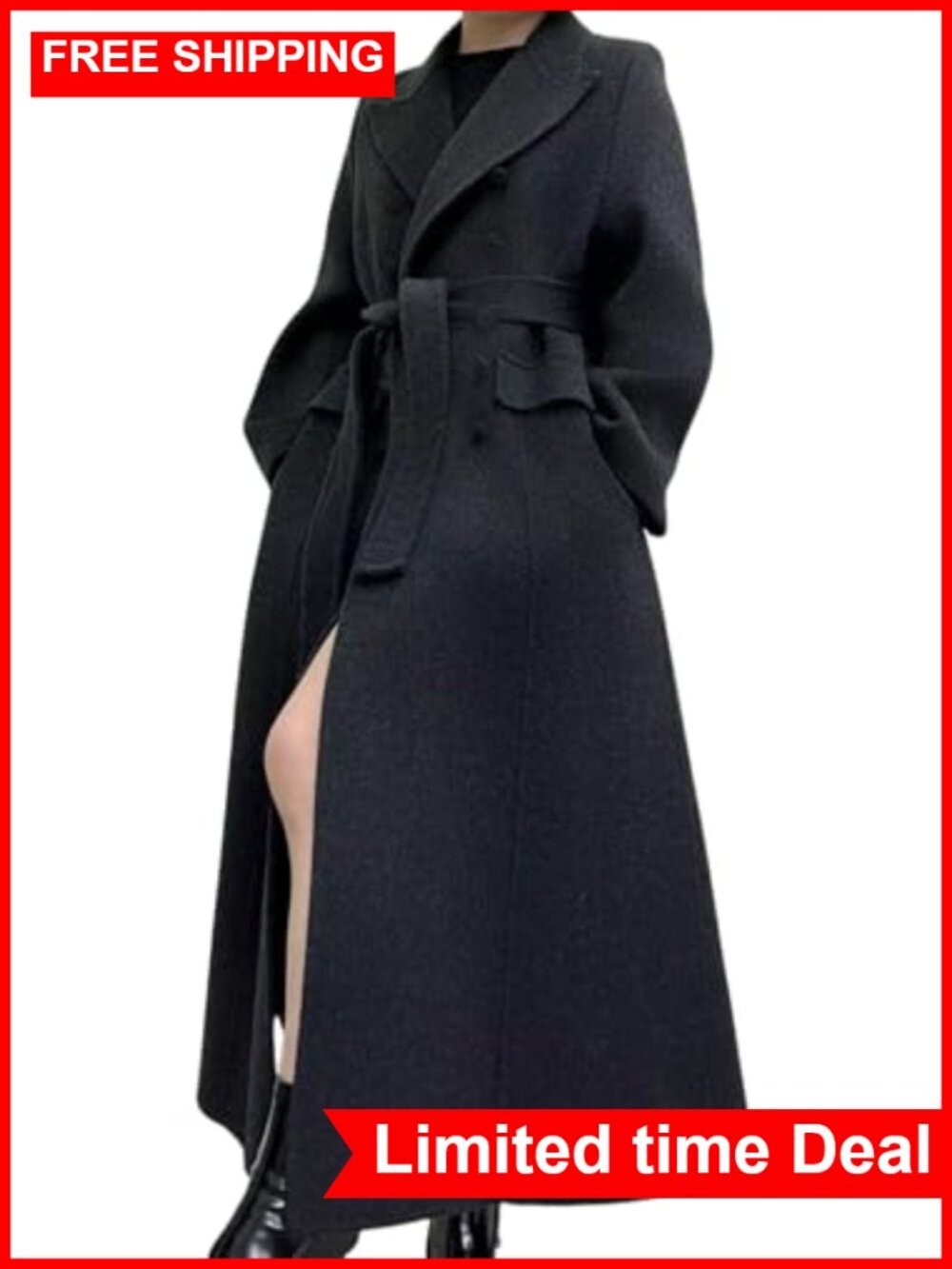 Women Wool Blend Long Pea Coat Double Breasted Trench with Belt